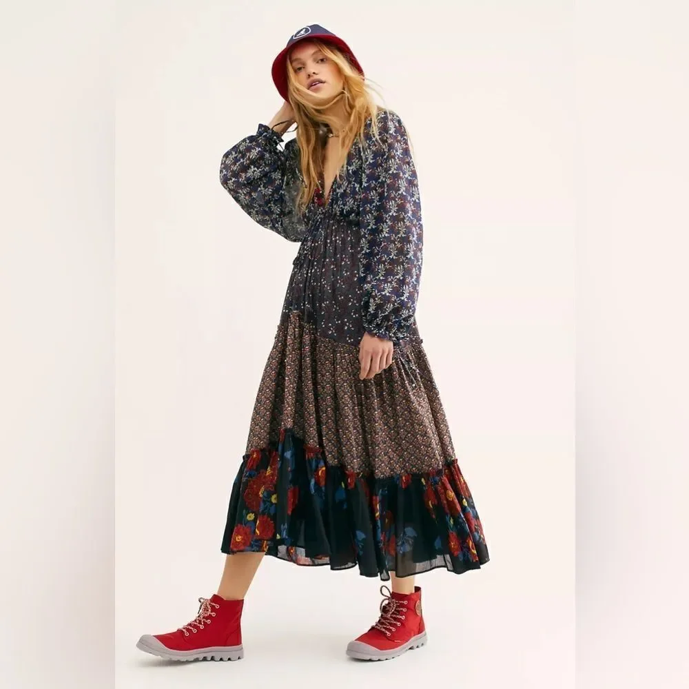 NEW FREE PEOPLE MIX IT UP MAXI TIERED MIXED PRINT MAXI DRESS